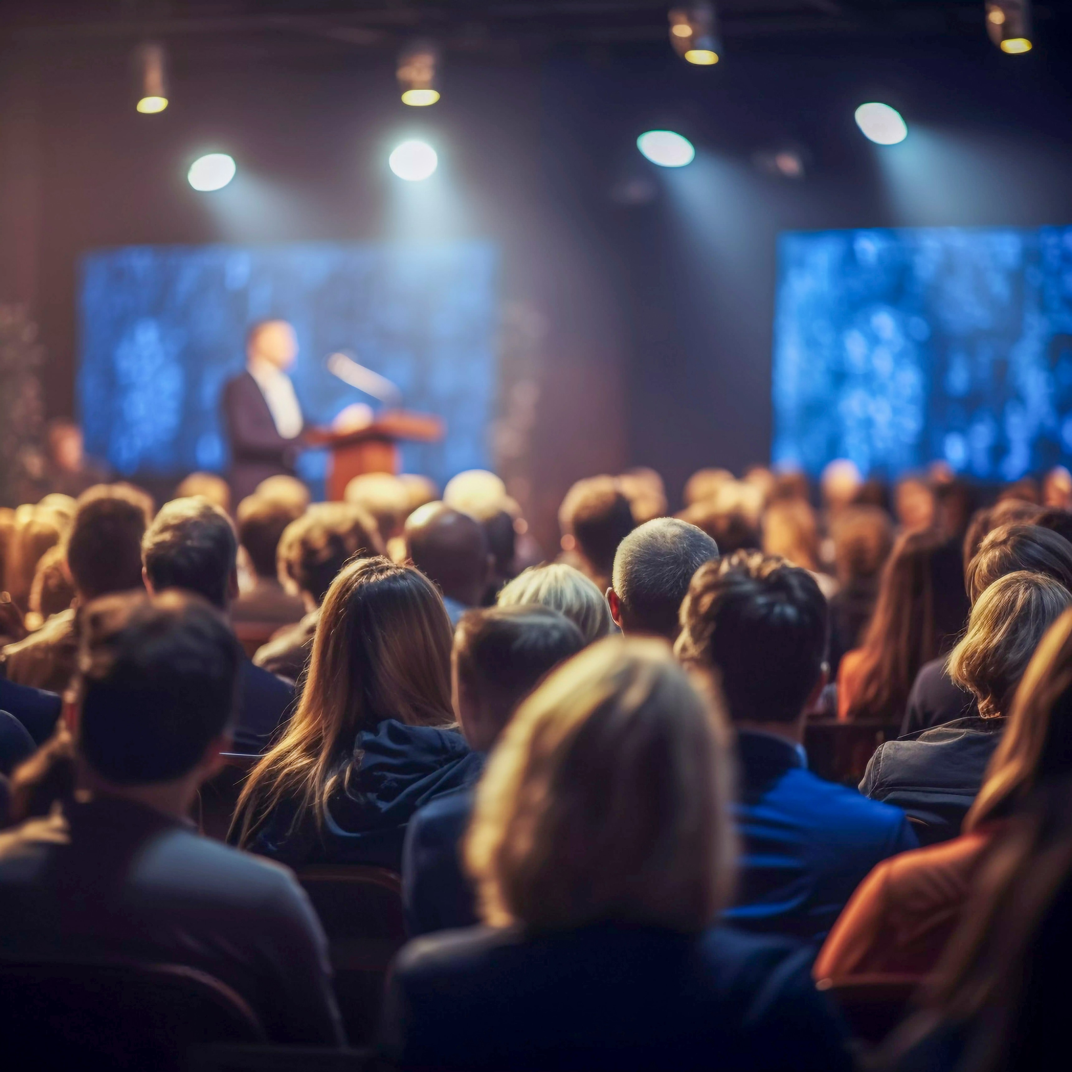 Tech conference stage with vibrant lighting in Lagos